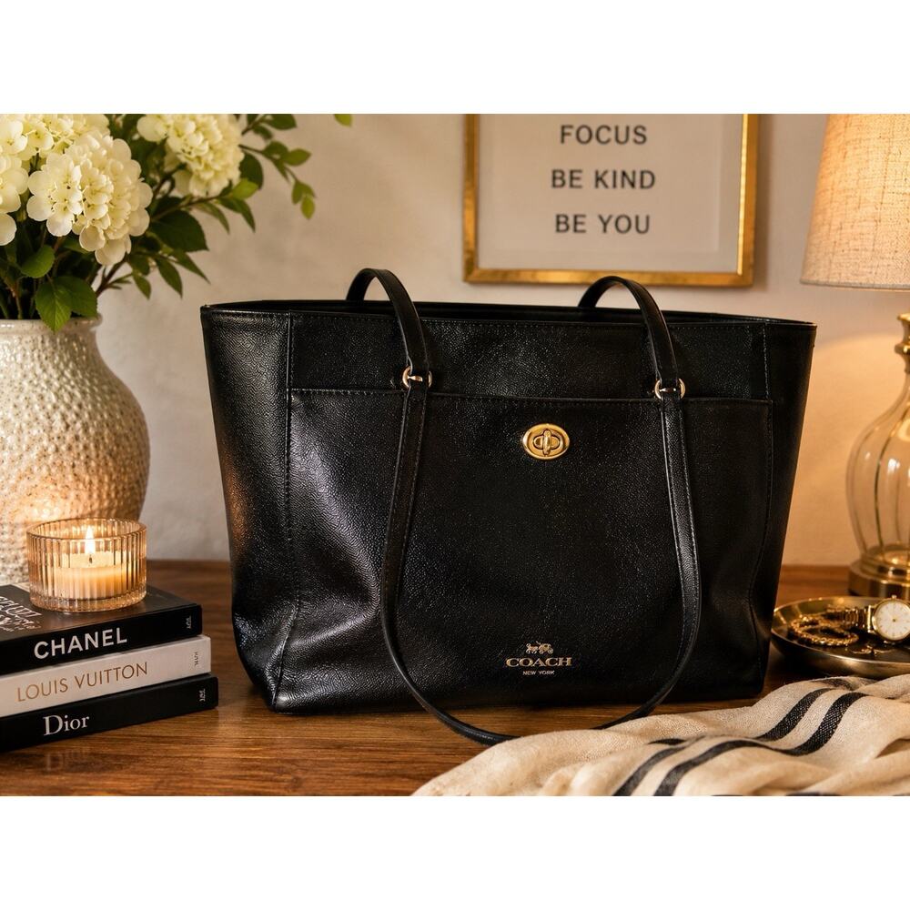 Coach F32246 Black Leather Tote Bag Laptop Work Purse Large Zip Top Shoulder Bag